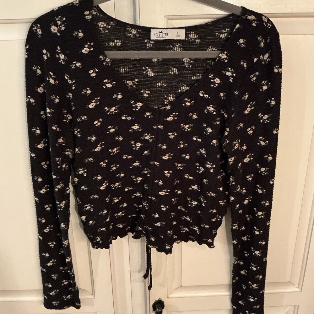 Hollister Ruched Long Sleeve Top Sz L Floral Stretch Waffle Weave